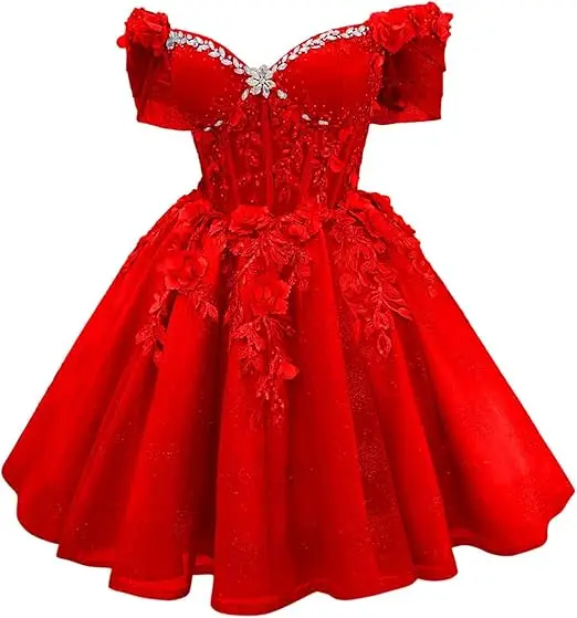 Robe de bal courte Celestia à corset et épaules dénudées, ornée de perles et de dentelle - Image 20