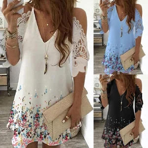 Dress Women Vintage Floral Lace Half Sleeve Mini Dresses Casual Sling V Neck Beach Party Dresses