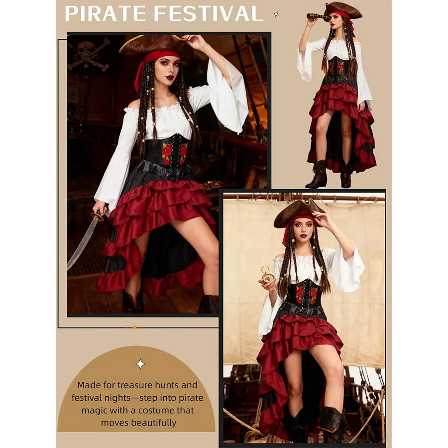 Pirate Captain Costume - Retro Embroidered Corset & Ruffled Layered Skirt Set - Sexy Buccaneer Wench Outfit for - Image 14