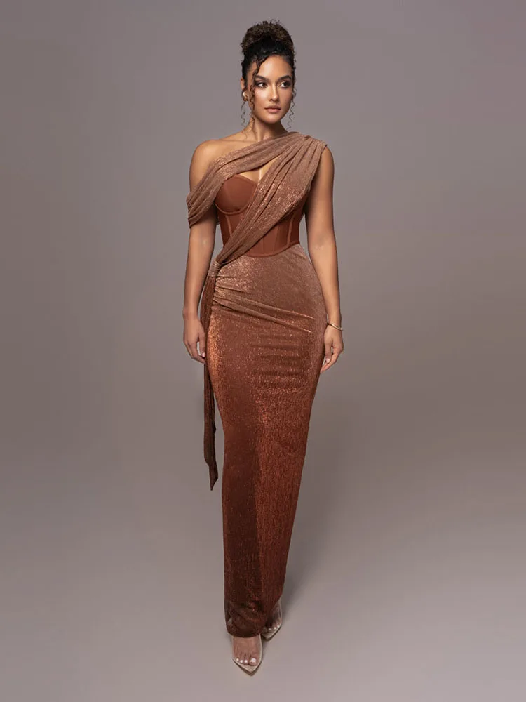 Long Dress Women Brown Corset Sparkly Backless Bodycon Maxi Dresses - Image 2