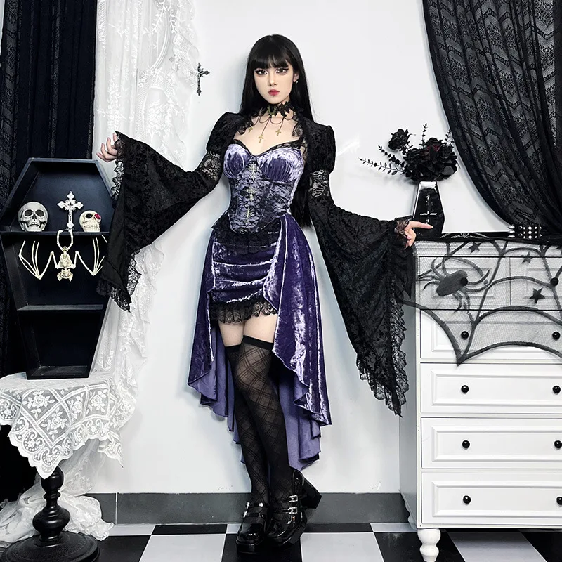Gothic Velvet A-line Dress Female Elegant Evening Lolita Partywear Grunge Sling Lace Hem Alt Cloth - Image 15
