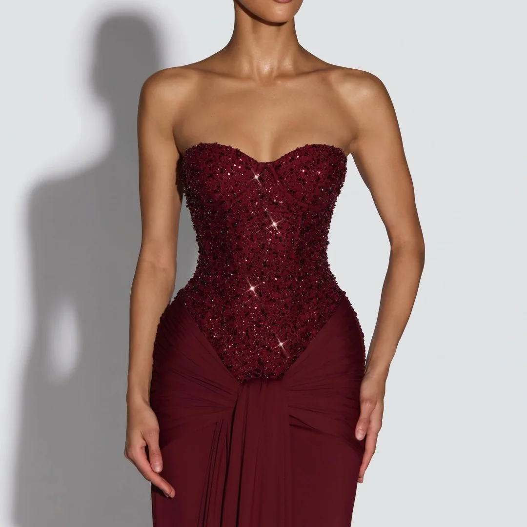 Burgundy Sweetheart Neck Prom Dress Beaded Corset Bodice Ruched Floor Length Party Dresses robes de soirée - Image 4