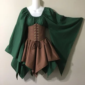Women Retro Renaissance Medieval Dress Long Flare Sleeve Patchwork Maxi Dress with Corset Halloween Victorian Dress