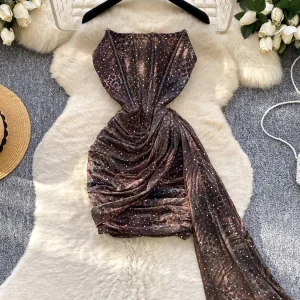 Sexy Strapless Corset Style Mini Bodycon Dress Women Elegant Sequins Sparkly Sleeveless Draped Ribbon Slim