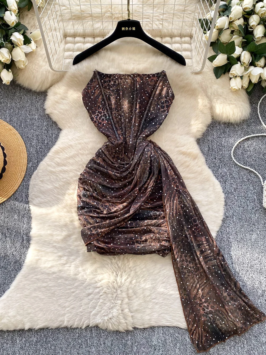 Sexy Strapless Corset Style Mini Bodycon Dress Women Elegant Sequins Sparkly Sleeveless Draped Ribbon Slim