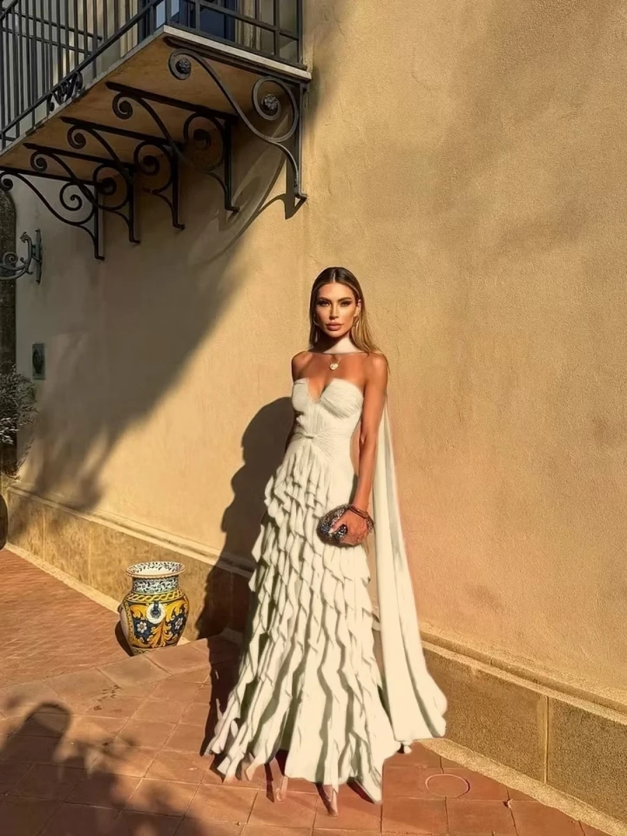 Long Train Evening Gown Sweetheart Multi Layer Ruffle Chiffon Maxi Dress Sexy Backless Flowing Ribbon Prom Dress - Image 5