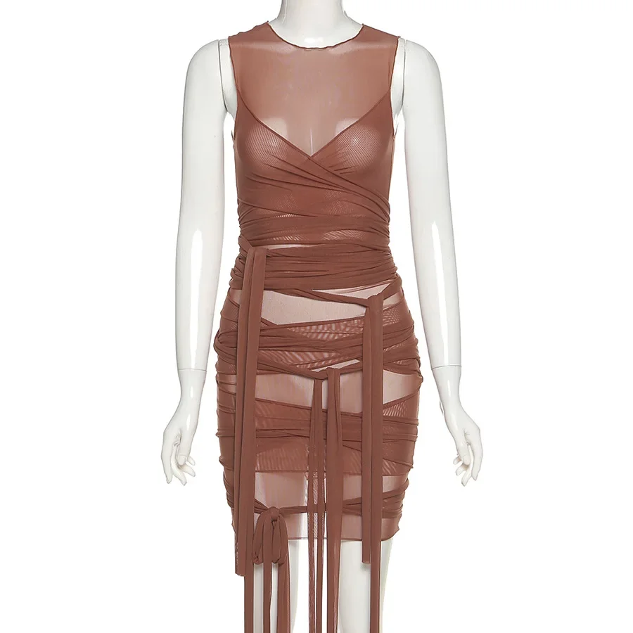 Bangniweigou Ribbon Wrap Up Draped Mesh See Through Bandage Dress Women Mummy Tie Up Bodycon High Waist Short Brown Dresses - Image 4