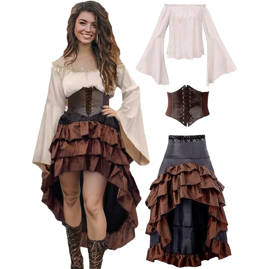 Pirate Captain Costume - Retro Embroidered Corset & Ruffled Layered Skirt Set - Sexy Buccaneer Wench Outfit for - Image 6