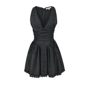 Sleeveless Mini Dress V Neck Lace Trim Side Corset Tie Flared Skater Short Dresses