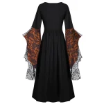 Gothic Vampire Dress Lace Patchwork Trumpet Sleeve Lace Up Corset Robe Halloween Witch Cosplay