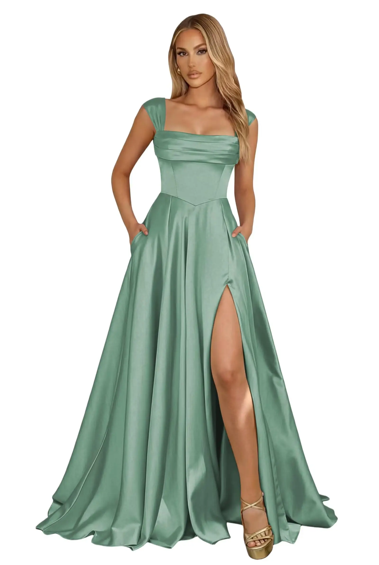 Corset Satin Square Neck Prom Dresses for Women Corset Ruched Formal Evening Party Gowns with Slit - Image 8