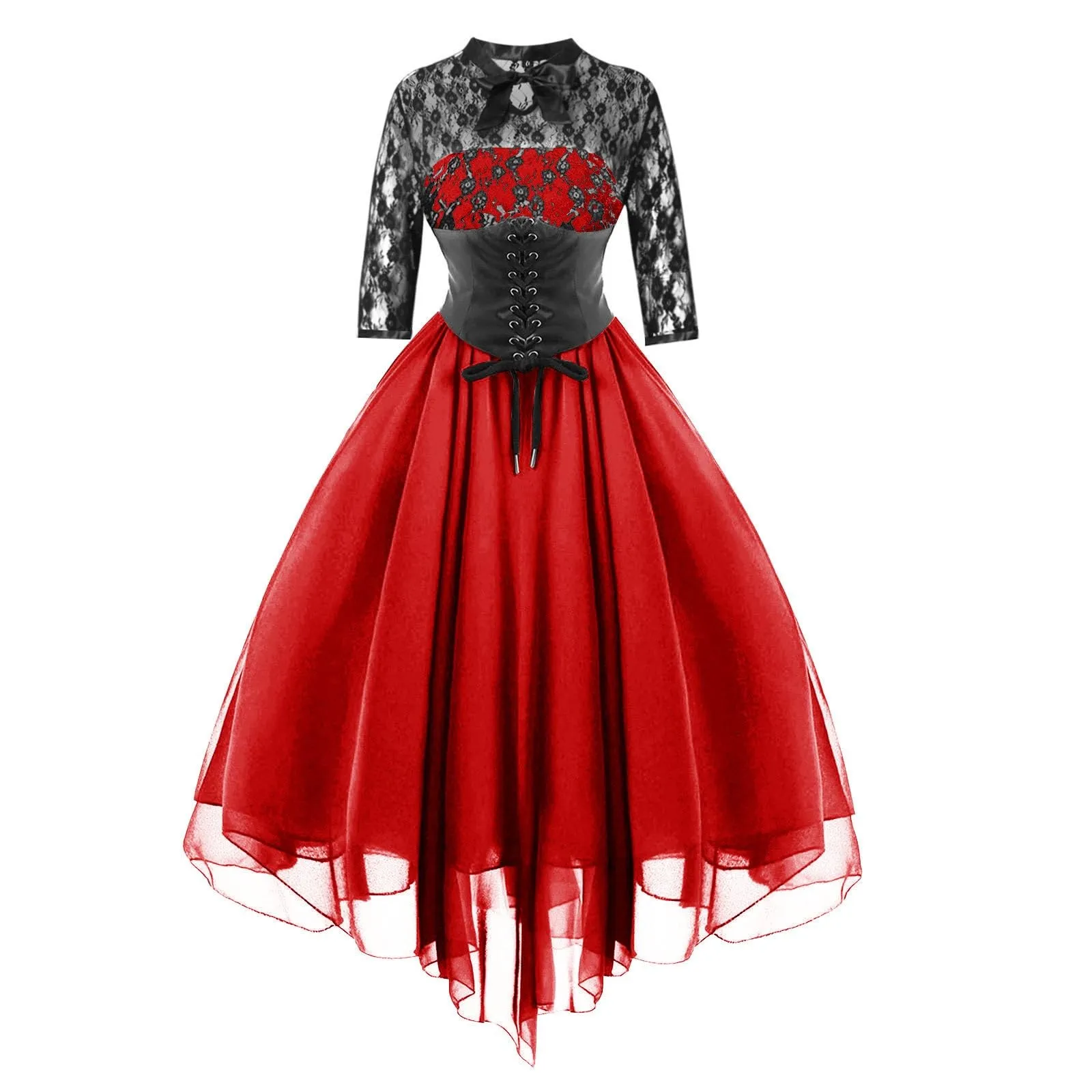 Women's Gothic Dress Sexy Lace Patchwork Half Sleeve Mesh High Waist Party Dresses Retro Lace Up Swing Cocktail Dress Ball Gown - Image 7