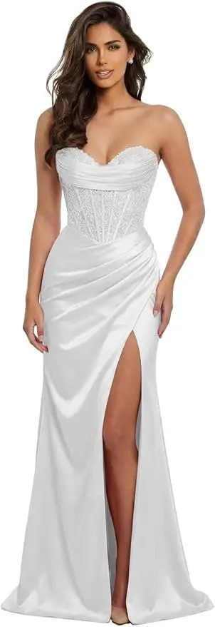 Pink Mermaid Prom Dresses Sweetheart Lace Strapless High Side Slit Formal Evening Party Gowns Corset - Image 14