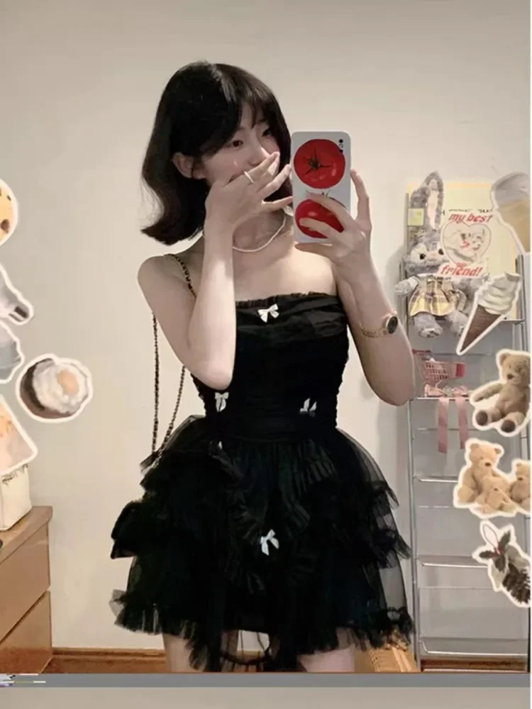 Black Dress Women Casual Corset Mini Office Lady Sleeveless Bodycon Lace One Piece Korean - Image 2