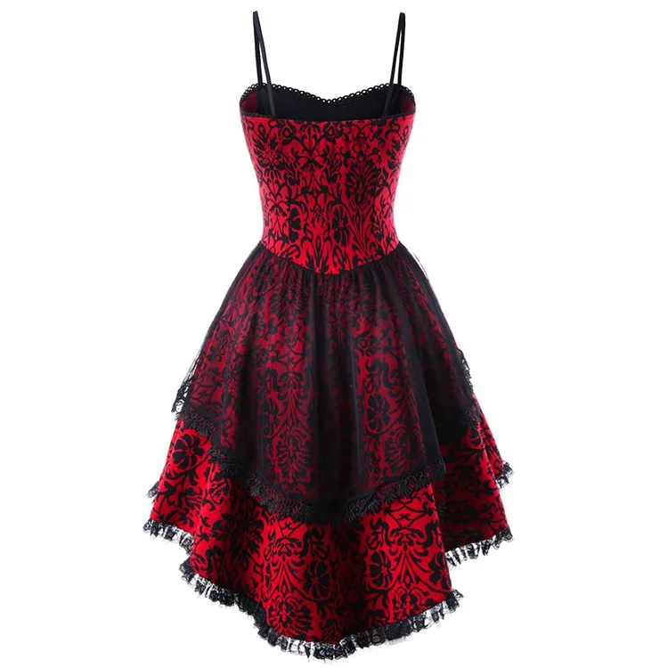 Gothic Red Black Floral Lace-Up Corset Dress | High Low Tulle Hem Spaghetti Strap Party Dress - Image 4