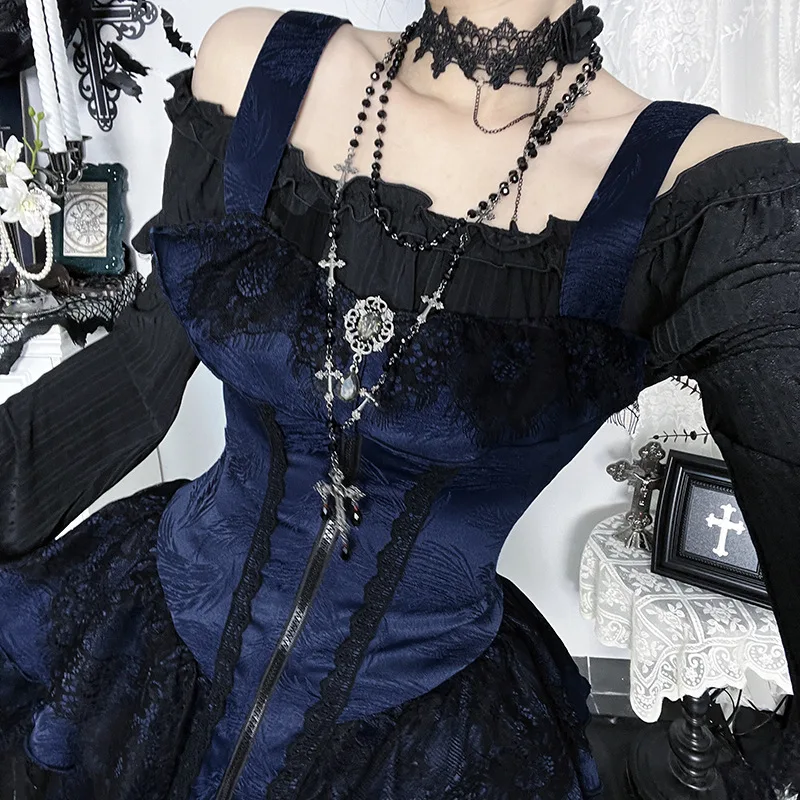 Dark A-line Textured Mini Dress for Women Mall Gothic Outfits Jacquard Lace Trim Embellished Dresses Ball Gown Halloween - Image 14