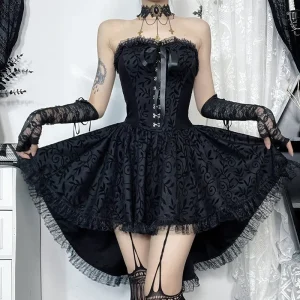 Goth Dark Lace Patchwork Bandage Strapless Corset Dress Mall Gothic Party Ball Gown Fairy Hotsweet Backless Tailed Dresses Women