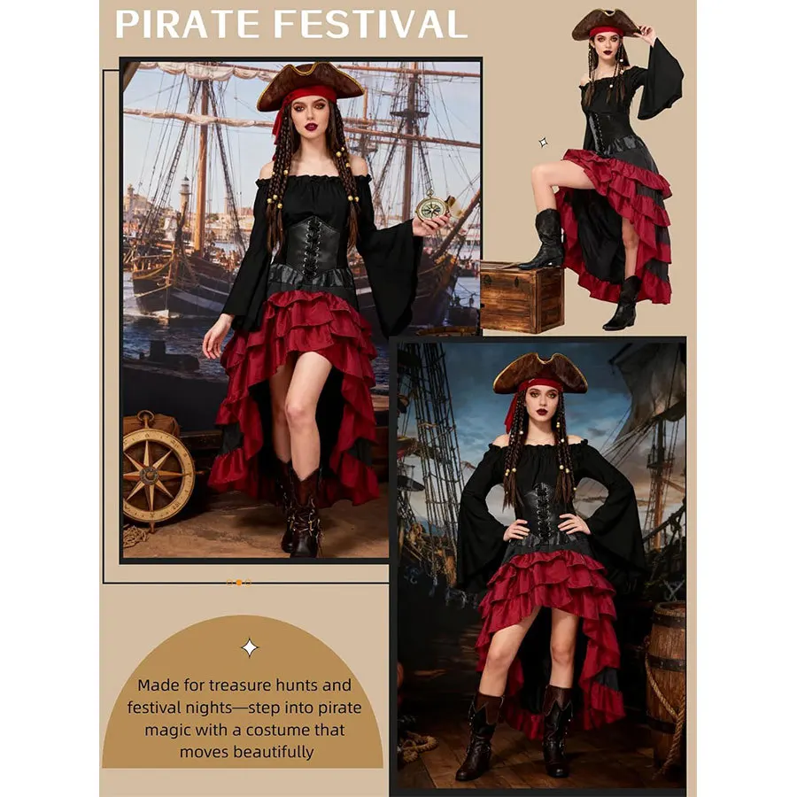Pirate Captain Costume - Retro Embroidered Corset & Ruffled Layered Skirt Set - Sexy Buccaneer Wench Outfit for - Image 10