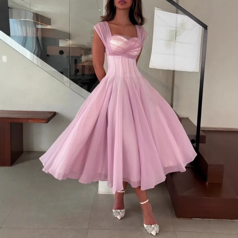 Summer Sexy Square Neck Corset Waist A-Line Tea-Length Dress for Wedding - Eye-Catching Gown for Women