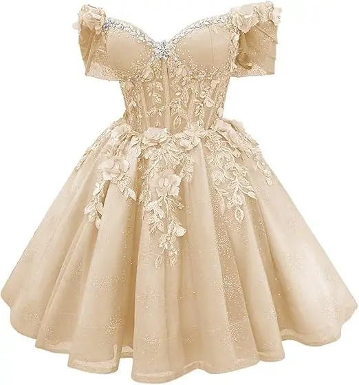 Robe de bal courte Celestia à corset et épaules dénudées, ornée de perles et de dentelle - Image 3