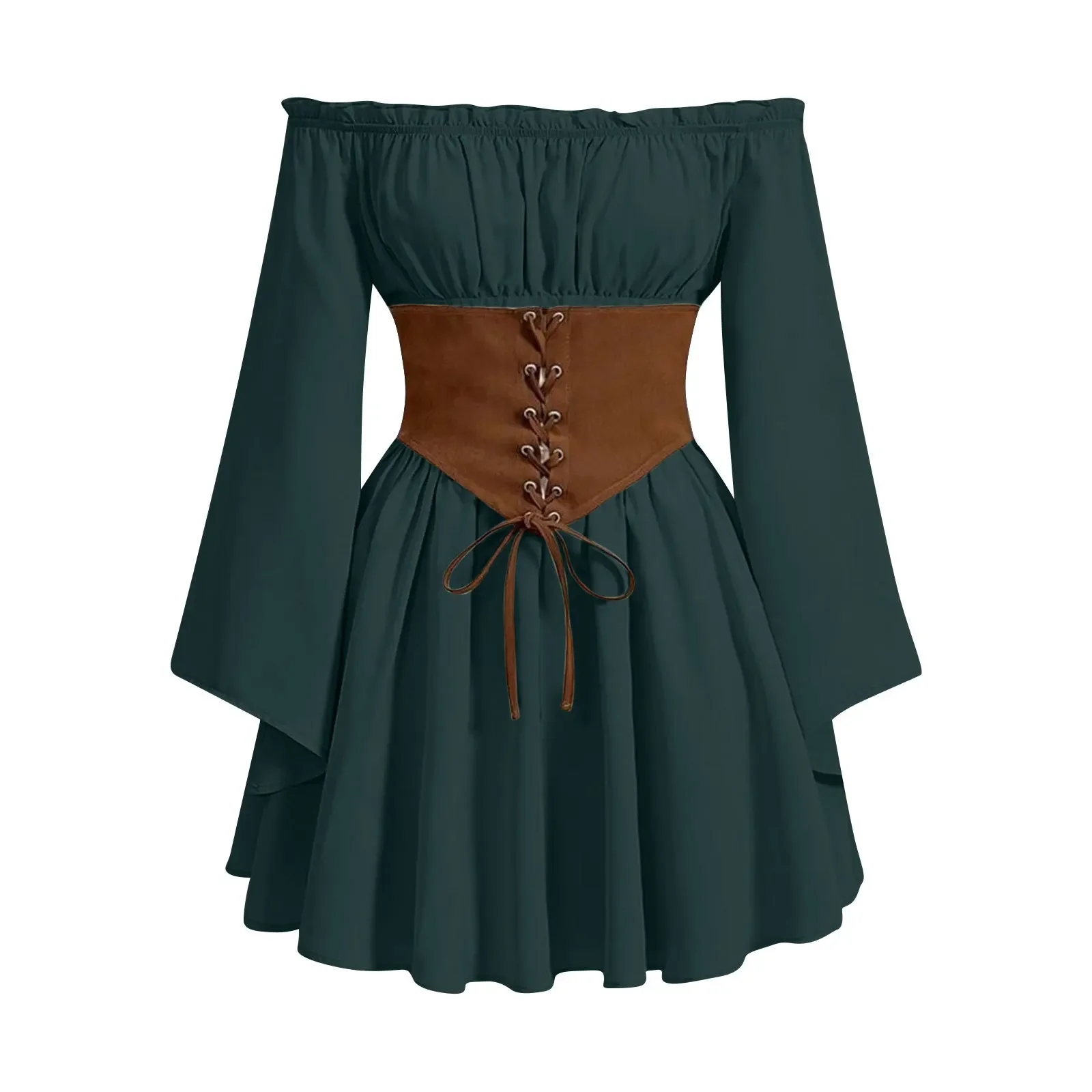 Women Rens Faire Cosplay Off Shoulder Mini Dress Medieval Renaissance Dress with Bell Sleeves Corset Waist Pixie Dress - Image 6