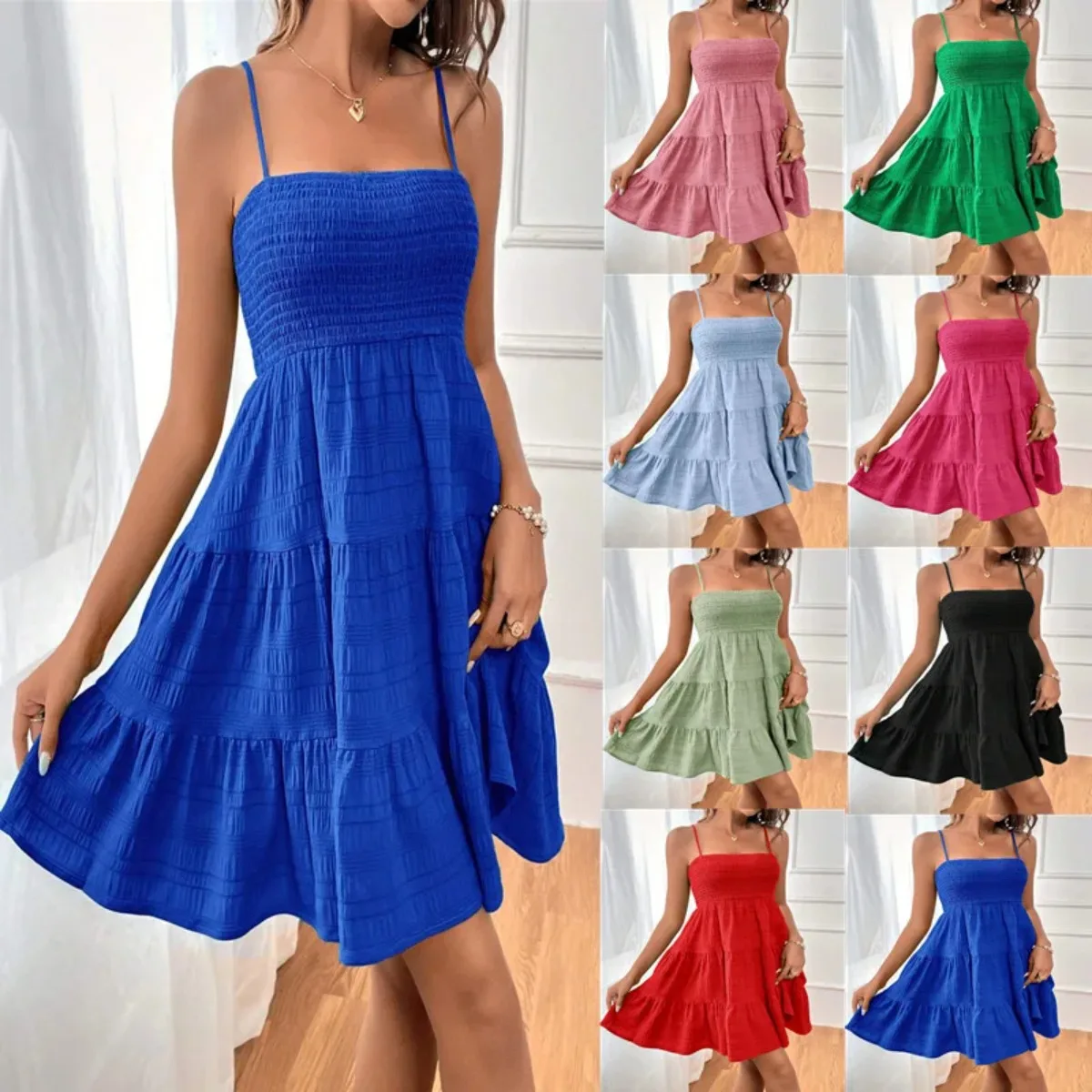 Sky Breeze Smocked Bustier Mini Dress – Spaghetti Strap Tiered Summer Dress - Image 2