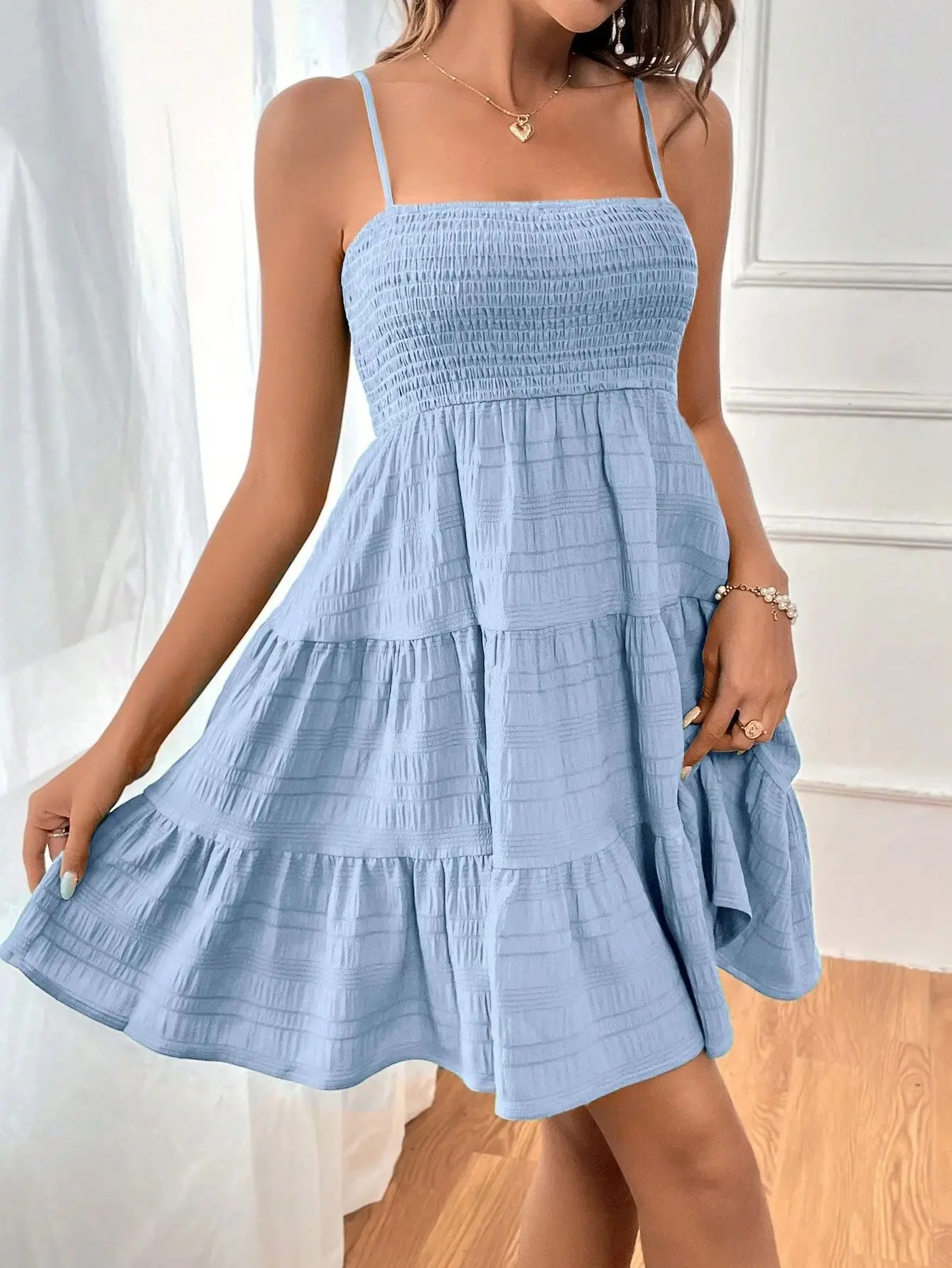 Sky Breeze Smocked Bustier Mini Dress – Spaghetti Strap Tiered Summer Dress - Image 7