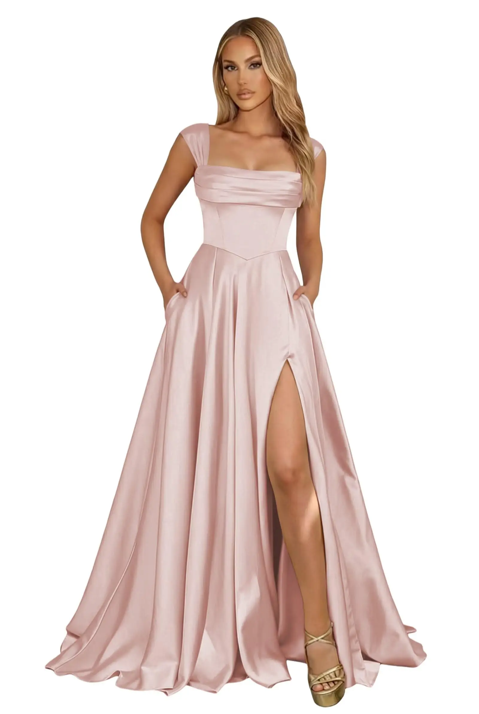 Corset Satin Square Neck Prom Dresses for Women Corset Ruched Formal Evening Party Gowns with Slit - Image 18
