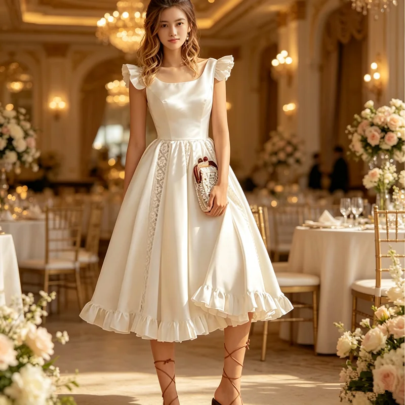 Vintage Elegant Party Evening A Line Swing Midi Dress Women Lace Corset Fitted Satin Flowy Beach Wedding Guest Dress - Image 3