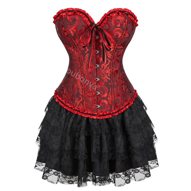 Corset Dress Tutu Skrits Set Overbust With Lace Costume Party Sexy Burlesque Ladies Outfit Plus Size Gothic Halloween Red Black - Image 13