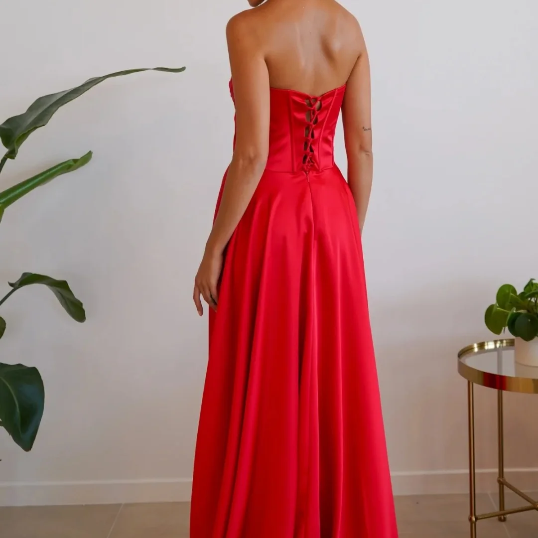 Red Strapless Corset Satin Long Gown robes de soirée High Slit Elegant Party Dresses - Image 4