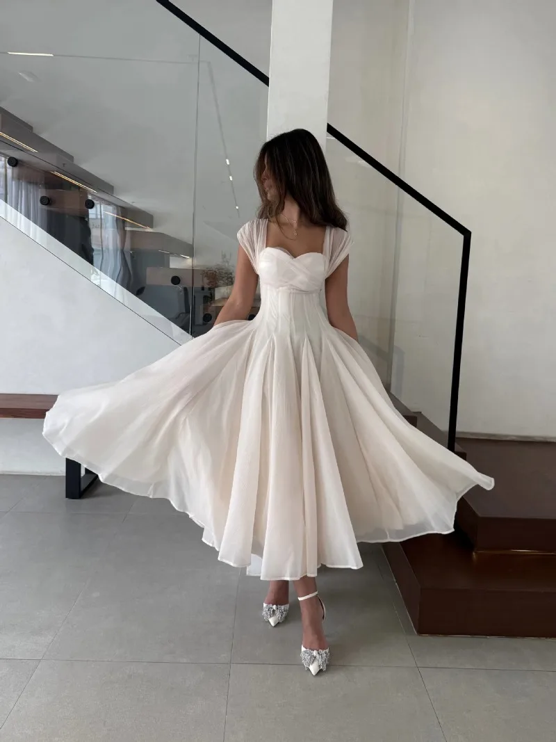 Summer Sexy Square Neck Corset Waist A-Line Tea-Length Dress for Wedding - Eye-Catching Gown for Women - Image 15