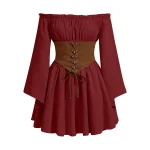 Women Rens Faire Cosplay Off Shoulder Mini Dress Medieval Renaissance Dress with Bell Sleeves Corset Waist Pixie Dress
