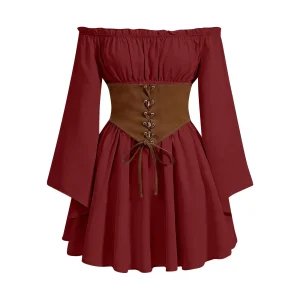 Women Rens Faire Cosplay Off Shoulder Mini Dress Medieval Renaissance Dress with Bell Sleeves Corset Waist Pixie Dress