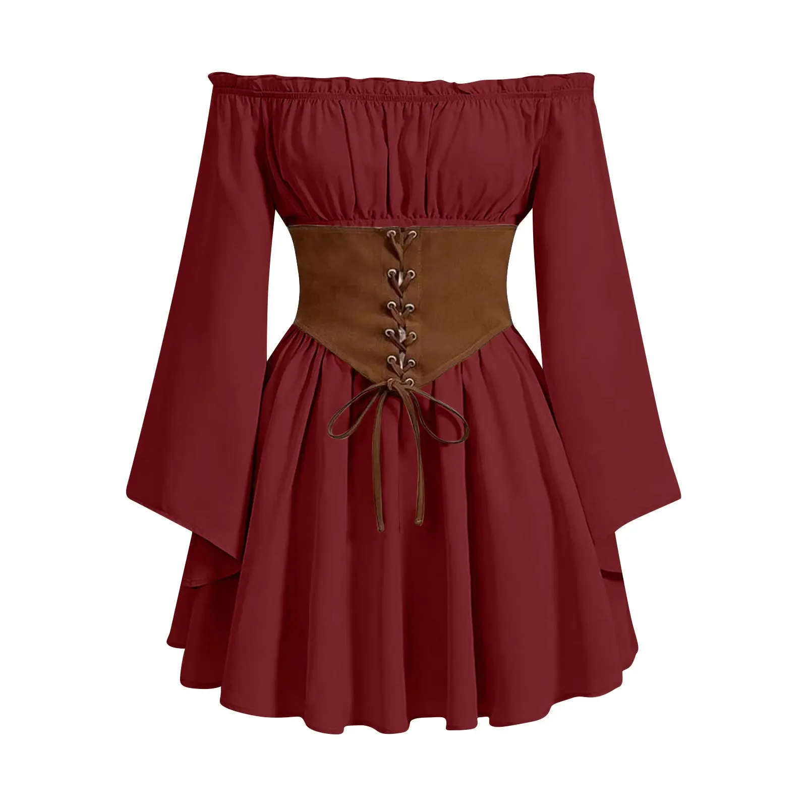 Women Rens Faire Cosplay Off Shoulder Mini Dress Medieval Renaissance Dress with Bell Sleeves Corset Waist Pixie Dress