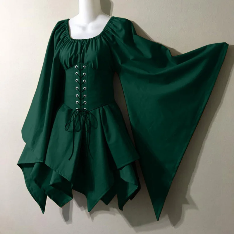 Women Retro Renaissance Medieval Dress Long Flare Sleeve Patchwork Maxi Dress with Corset Halloween Victorian Dress - Image 4