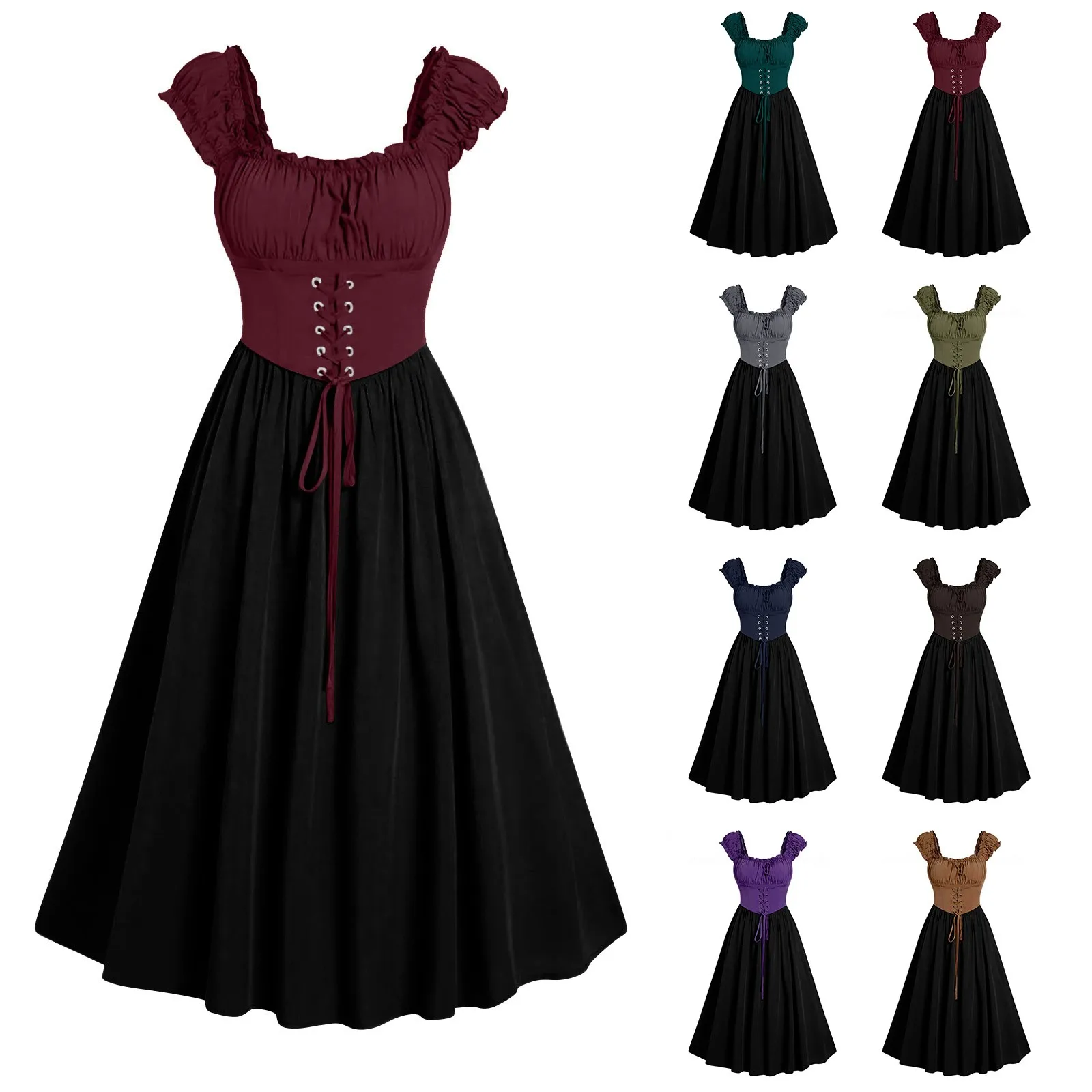 Medieval Dress For Women Gown Gothic Dress Sleeveless Corset Waist Party Midi Lace Up Dresses