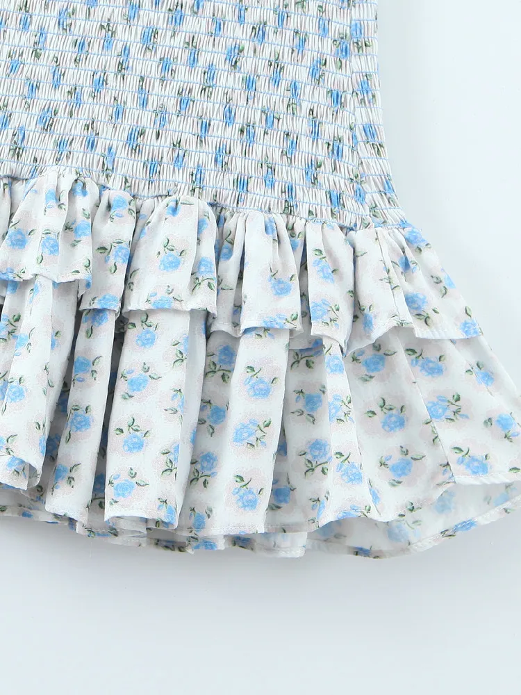 Sexy White Blue Flower Print Corset Ruched Elastic Body Sling Mini Dress Woman Wood ears Square Collar Ruffles Hem Robe Holiday - Image 6