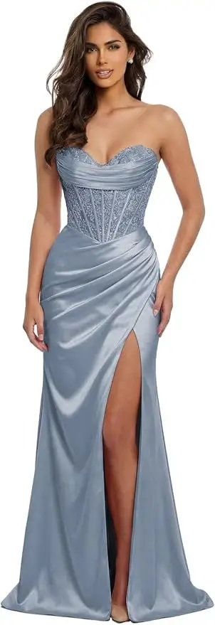 Pink Mermaid Prom Dresses Sweetheart Lace Strapless High Side Slit Formal Evening Party Gowns Corset - Image 8
