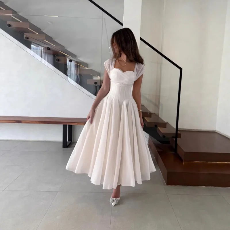 Summer Sexy Square Neck Corset Waist A-Line Tea-Length Dress for Wedding - Eye-Catching Gown for Women - Image 7