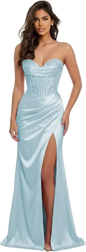Pink Mermaid Prom Dresses Sweetheart Lace Strapless High Side Slit Formal Evening Party Gowns Corset - Image 11