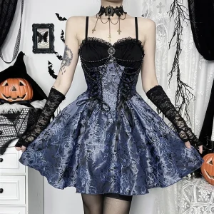 Vintage Elegant Lace Trim A-Line Mini Dresses Y2K Goth Floral Lace-up Short Dress Short Sleeve