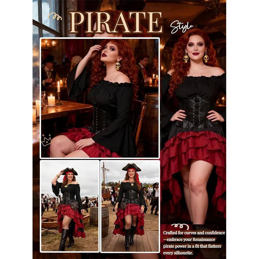 Pirate Captain Costume - Retro Embroidered Corset & Ruffled Layered Skirt Set - Sexy Buccaneer Wench Outfit for - Image 9