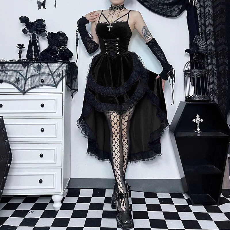 High Low Cut Swallow Tail Lace Bodice Dress Strap Y2K Corset Bustier Women Sexy Dark Gothic Costume Sling Strap Sleeveless Dress - Image 15