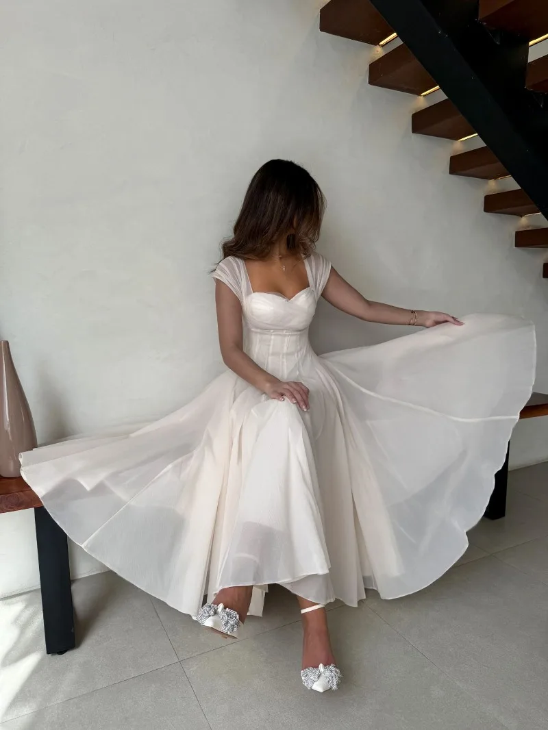Summer Sexy Square Neck Corset Waist A-Line Tea-Length Dress for Wedding - Eye-Catching Gown for Women - Image 16