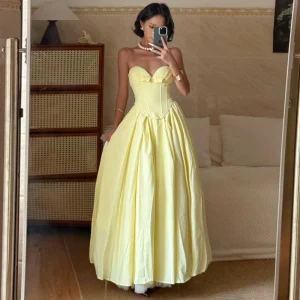 Suninheart Summer Bustier Maxi Evening Dress Sexy Yellow Tulle Corset Dress Elegant Lace Up Ball Gown Party Women