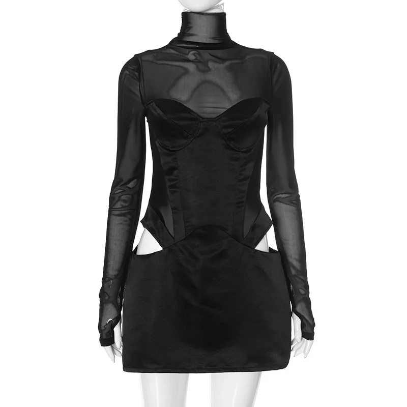 Robe Mesh Long Sleeve Mini Dress Party Evening Club Outfits Sexy Cut Out Corset Bodycon Dresses - Image 4