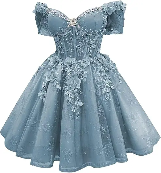 Robe de bal courte Celestia à corset et épaules dénudées, ornée de perles et de dentelle - Image 15