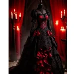 Gothic Black And Red Wedding Dress Tiered Corset Vintage Wedding Gown Long Sleeves Lace And Satin