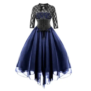 Women's Gothic Dress Sexy Lace Patchwork Half Sleeve Mesh High Waist Party Dresses Retro Lace Up Swing Cocktail Dress Ball Gown